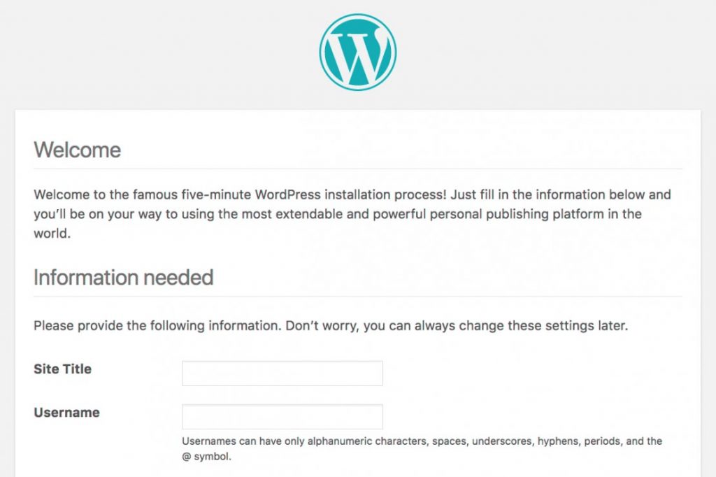 WordPress welcome screen for a fresh site